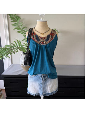 Beaded Statement Collar Teal Top Size M Y2K Boho